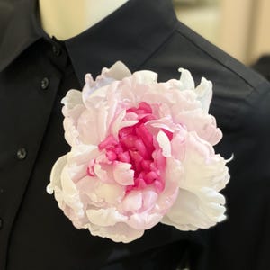 May include: A large, pink and white peony flower with a deep pink center. The flower is pinned to a black shirt.