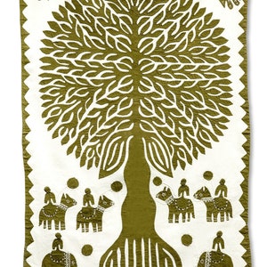 May include: A green and white quilted wall hanging with a large tree in the center and smaller elephants with riders around the base of the tree.