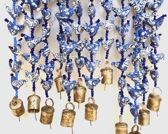 Indigo Prosperity Hen Bell Garland: Handmade Indian Fair Trade Decor (45")