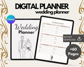 Puede incluir: Dos planificadores de bodas digitales en tabletas. Uno muestra una portada con una ilustración de novios y las palabras "Wedding Planner". El otro muestra un formulario de "Wedding Contact". El texto dice "Digital Planner" e "Instant Download".