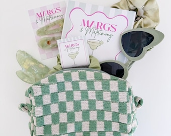 Custom Green checkered Makeup Bag | Margs and Matrimony Favors | Scottsdale Final Fiesta | Bridesmaid Proposal Bag, Personalized Bikini bag