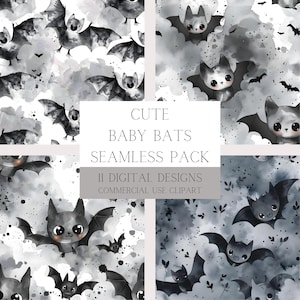 Set met Kawaii-vleermuis-aquarelpatroon: 11 schattige Halloween-ontwerpen met rokerige grijze achtergrond