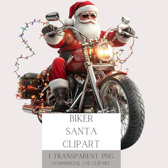 Jolly Santa Riding Motorcycle Christmas Clipart: High-res PNG With