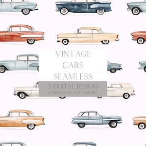 May include: A seamless pattern featuring vintage cars in various colours, including blue, red, yellow, and cream. The cars are all in a classic style, with rounded edges and chrome accents. The pattern is perfect for use in scrapbooking, card making, and other craft projects.
