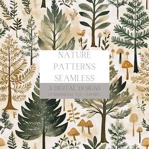 Woodland Digital Paper Pack: naadloze bospatronen met bomen en paddenstoelen voor op de natuur geïnspireerde ontwerpen