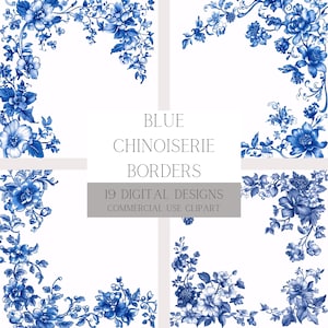 Chinoiserie koningsblauwe bloemenlijst: elegant vintage Frans oosters ontwerp, clipart, png-bestand downloaden