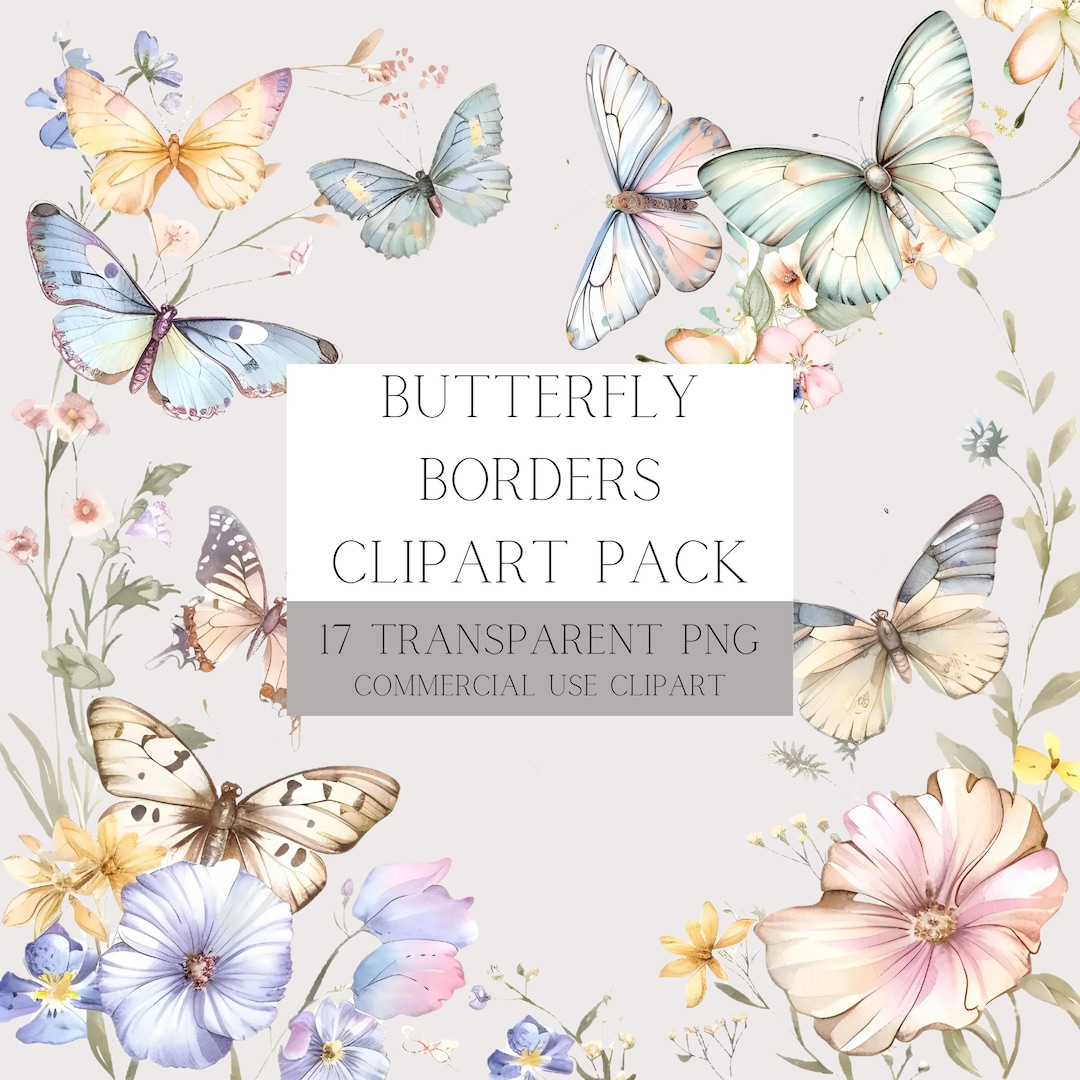 Vibrant Watercolor Butterfly Border Clipart: High-resolution Digital ...
