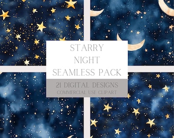 Peut inclure: Un ensemble de 21 motifs numériques sans couture représentant un ciel nocturne étoilé avec des étoiles dorées et une lune croissante sur un fond bleu foncé. Le texte "Starry Night Seamless Pack" et "21 Digital Designs Commercial Use Clipart" est inclus dans l'image.