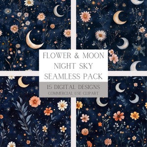 Celestial naadloze patronen: maan bloemmotieven digitale download