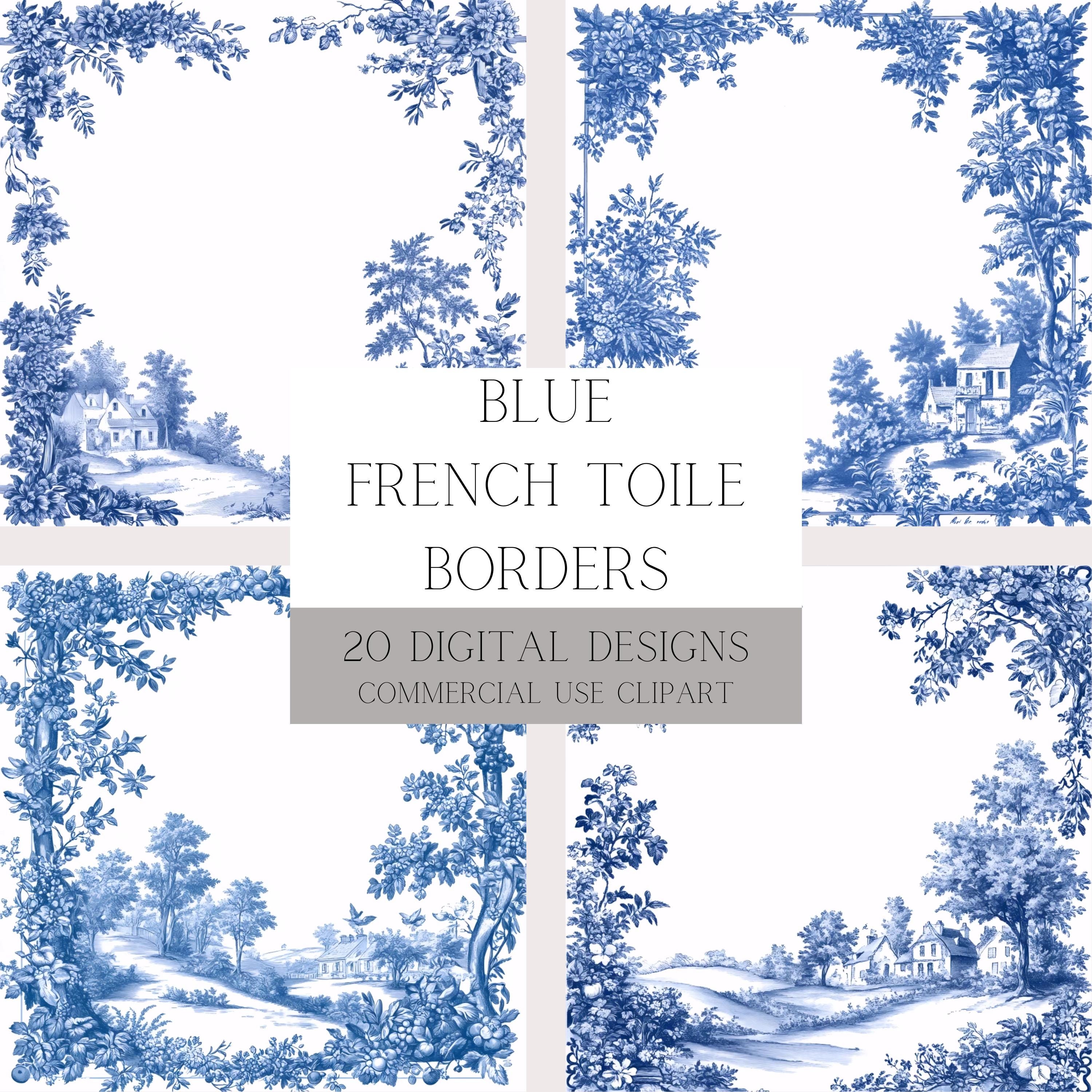 Vintage Blue French Toile Digital Paper: Elegant Countryside
