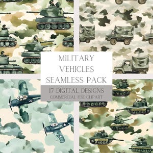 May include: A digital paper pack with 17 seamless patterns featuring military vehicles and aircraft on a camouflage background. The patterns are ideal for scrapbooking, card making, and other crafting projects.  "MILITARY VEHICLES SEAMLESS PACK 17 DIGITAL DESIGNS COMMERCIAL USE CLIPART"