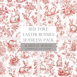 May include: A set of 12 digital seamless patterns featuring red toile bunnies on a white background. The patterns are perfect for crafting, scrapbooking, and other creative projects.  "RED TOILE EASTER BUNNIES SEAMLESS PACK 12 DIGITAL DESIGNS COMMERCIAL USE CLIPART"