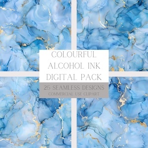 Può includere: Un pacchetto digitale di 25 design di inchiostro alcolico senza cuciture in blu e oro. I design sono perfetti per creare sfondi, motivi e trame per i tuoi progetti.  "COLOURFUL ALCOHOL INK DIGITAL PACK 25 SEAMLESS DESIGNS COMMERCIAL USE CLIPART" è scritto in bianco su uno sfondo grigio.