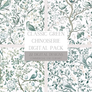 Elegante groene chinoiserie digitaal behang: naadloos patroon vintage vogels en gebladerte 300 dpi, png-bestand downloaden