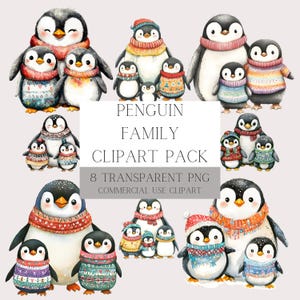 Charming Kawaii Penguin Family Digital Clipart: 8 High-Quality Images for Winter Crafts & Decor