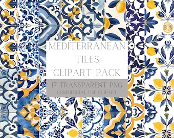 May include: A collection of Mediterranean tile designs in blue, yellow, and white. The image includes various patterns with floral and geometric motifs. Text on the image reads "MEDITERRANEAN TILES CLIPART PACK" and "17 TRANSPARENT PNG COMMERCIAL USE CLIPART".