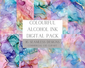 Könnte beinhalten: Ein digitales Paket mit 16 nahtlosen Alkohol-Tinten-Designs in verschiedenen Farben, darunter Pink, Blau, Lila und Grün, mit goldenen Akzenten. Die Designs eignen sich perfekt zum Erstellen von Hintergründen, Mustern und Texturen für Ihre digitalen Projekte.