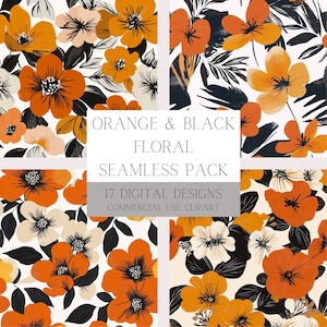 May include: A digital design pack showcasing orange and black floral seamless patterns. The designs feature diverse floral arrangements with black leaves and white backgrounds. The text reads "Orange & Black Floral Seamless Pack" and "17 Digital Designs Commercial Use Clipart."