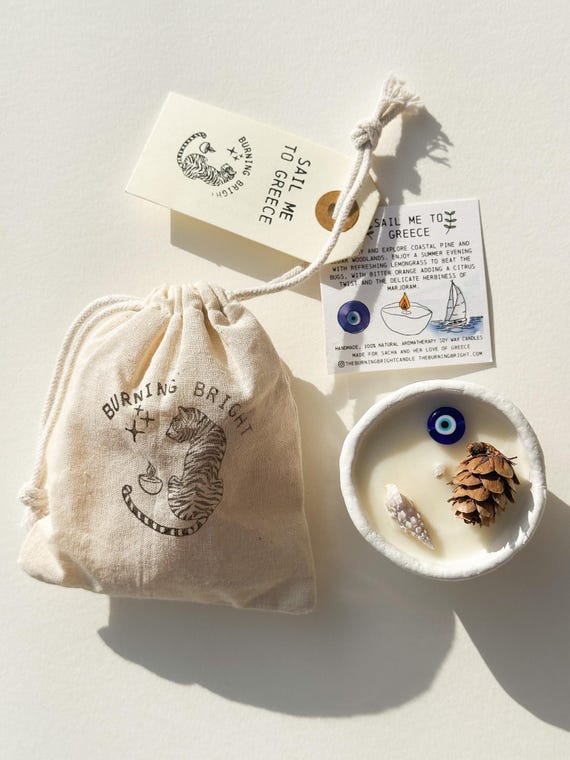 Sail Me To Greece Soy Wax Candle Handmade Pinch Pot Aromatherapy Treatment Pressed Flowers Evil Eye Lemongrass Pine Shell Essential Oils