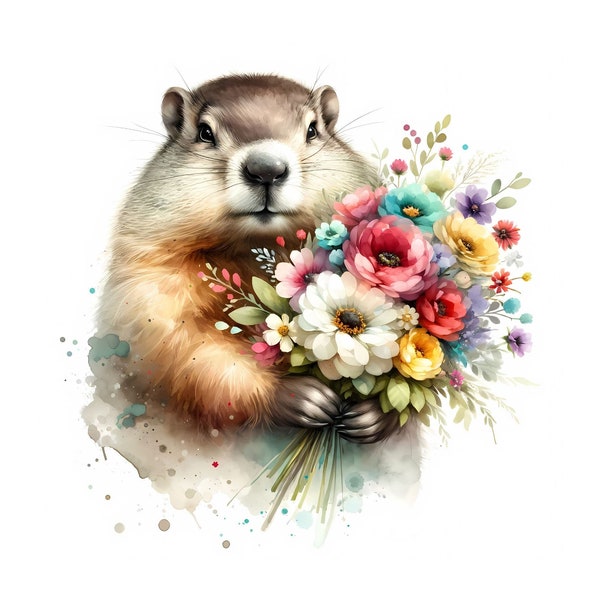 Groundhog with Flowers Clipart - 15 High Quality JPGs - Watercolour, Card Making, Sublimation, Digital Paper Craft, Commercial License