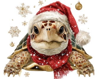 May include: A whimsical illustration of a sea turtle wearing a Santa hat and a red scarf with white snowflakes. The turtle has a brown and tan shell and is surrounded by gold snowflakes and a Christmas ornament.