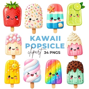 May include: A collection of nine colorful kawaii popsicle clipart images. The popsicles feature various designs, including a strawberry, sprinkles, a starfish, a lime, marshmallows, a sun, a swirl, a rainbow, and chocolate. The text "KAWAII POPSICLE clipart 34 PNGS" is also included.