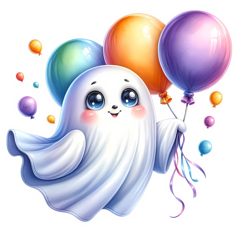 May include: A white ghost with a big smile holds onto three balloons. The balloons are orange, blue, and purple. There are smaller balloons scattered around the ghost.