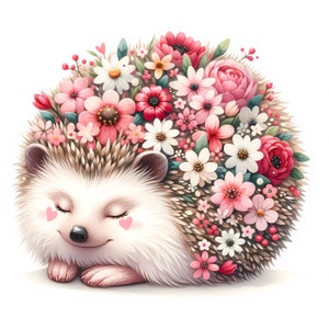 K&ouml;nnte beinhalten: Ein s&uuml;&szlig;er Igel mit geschlossenen Augen ist mit einer Krone aus rosa, wei&szlig;en und roten Blumen bedeckt. Der Igel schl&auml;ft friedlich.