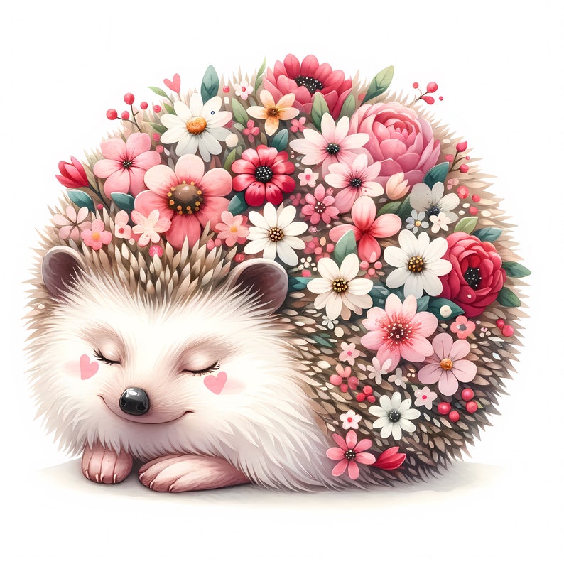 K&ouml;nnte beinhalten: Ein s&uuml;&szlig;er Igel mit geschlossenen Augen ist mit einer Krone aus rosa, wei&szlig;en und roten Blumen bedeckt. Der Igel schl&auml;ft friedlich.