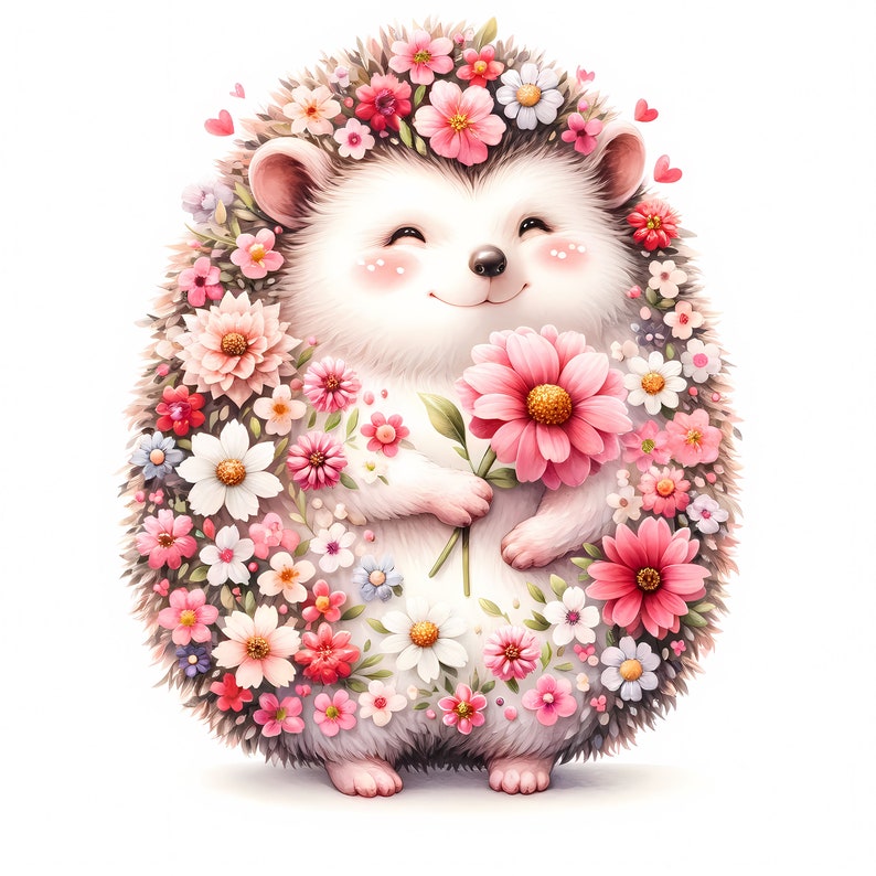 K&ouml;nnte beinhalten: Ein niedlicher Comic-Igel mit einer rosa Blume in seinen Pfoten, umgeben von einem Kranz aus rosa, wei&szlig;en und lila Blumen.