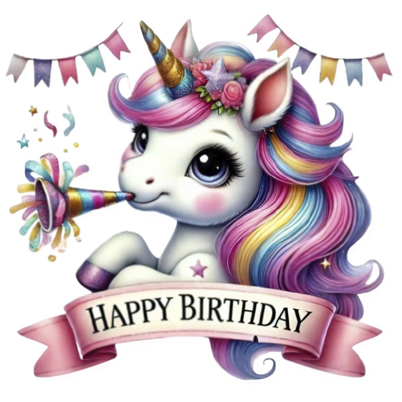 May include: A colorful unicorn with a pink, blue, and yellow mane blows a party horn with confetti. The unicorn wears a flower crown and a banner reads "Happy Birthday".