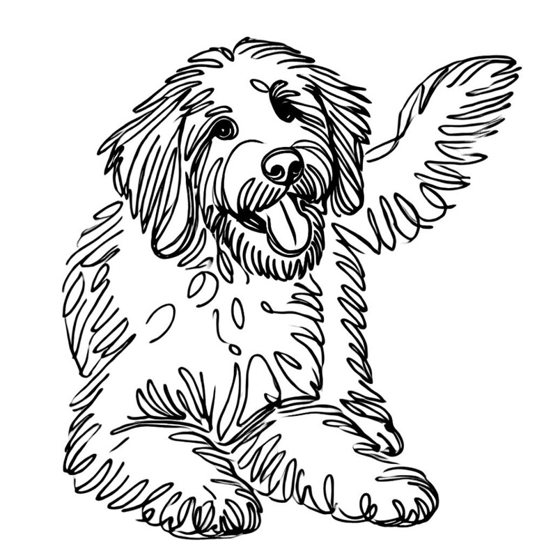 May include: Black and white line drawing of a fluffy dog with its tongue sticking out, sitting and waving its paw.