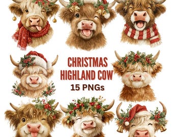 Playful Highland Cow Christmas Clipart: Festive Holiday Farm Graphics (Digital Download) 15 PNG