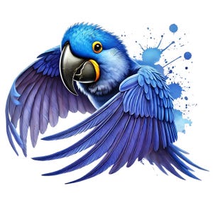 Könnte beinhalten: Ein leuchtend blauer Hyazinth-Ara mit ausgebreiteten Flügeln vor einem weißen Hintergrund mit blauen Aquarellspritzer.