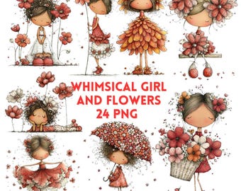Whimsical Girl and Flowers Clipart: Charming Floral Girl Graphics (Digital Download) 24 PNG