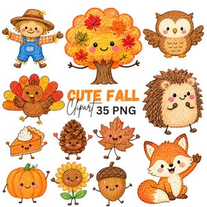 May include: A collection of colored pencil illustrations featuring a scarecrow, a tree with autumn leaves, an owl, a turkey, a hedgehog, a fox, a pumpkin, a sunflower, an acorn, a pinecone, a leaf, and a slice of pumpkin pie with text CUTE FALL Clipart 35 PNG.