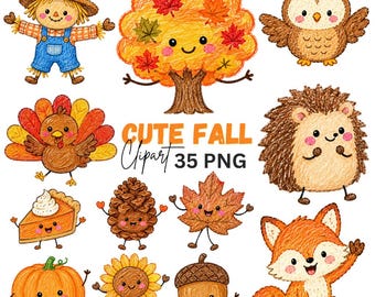 Adorable Fall Clipart: Crayon Doodle, Cozy Fall Graphics, Hand Drawn, Autumn Characters, 35 PNG