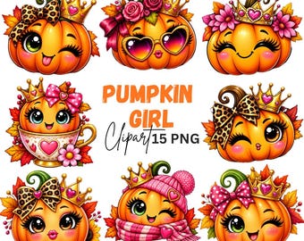 Adorable Pumpkin Clipart: Fall Autumn Graphics, Bow Pumpkin (Digital Download) 15 PNG