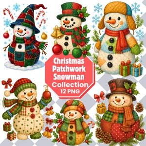 May include: A collection of six patchwork snowmen illustrations. Each snowman is uniquely designed with colorful fabrics, hats, scarves, and accessories like bells, ornaments, and gifts. The image includes the text "Christmas Patchwork Snowman Collection 12 PNG".
