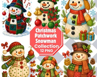 Kerstpatchwork sneeuwpop clipartbundel: winter png-set (digitale download)