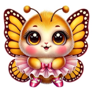 Puede incluir: Una linda mariposa de dibujos animados con ojos grandes, usando un tut&uacute; rosa y zapatos rosas. La mariposa tiene alas amarillas y marrones con puntos negros.