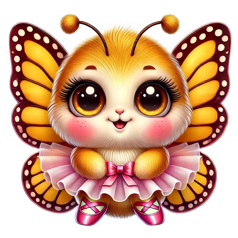 Puede incluir: Una linda mariposa de dibujos animados con ojos grandes, usando un tut&uacute; rosa y zapatos rosas. La mariposa tiene alas amarillas y marrones con puntos negros.