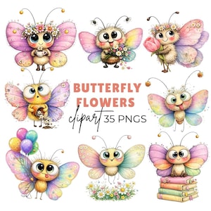 Pode incluir: Uma coleção de ilustrações de borboletas caprichosas com asas coloridas e expressões fofas. A imagem inclui o texto "Butterfly Flowers Clipart 35 PNGs". As borboletas estão segurando flores, balões e livros.