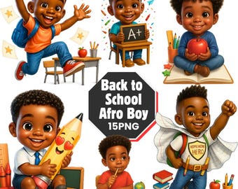 Black Boy Back to School Clipart: Afro Png Graphics, Adorable African Boy (Digital Download)
