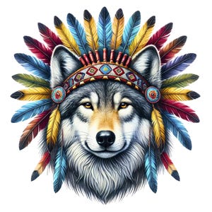 May include: A gray wolf wearing a colorful headdress made of feathers. The headdress is red, yellow, blue, and green. The wolf has a serious expression on its face.