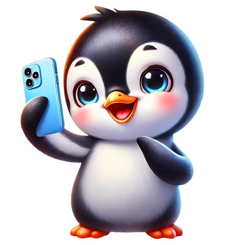 May include: A cartoon penguin with black and white feathers and blue eyes is holding a blue smartphone with a black camera lens.