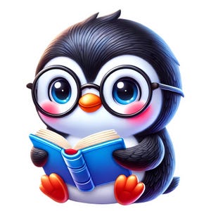 May include: A cartoon penguin wearing round glasses and holding a blue book. The penguin has black and white feathers and a cute, cartoonish expression.