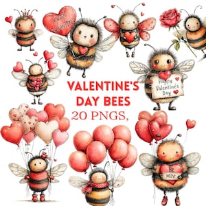 Könnte beinhalten: Aquarellillustrationen von Valentinstag-Bienen. Die Bienen halten Herzen und Luftballons. Der Text "Valentine's Day Bees, 20 PNGs" ist rot dargestellt. Die Bienen haben Flügel und sind mit Herzen verziert.