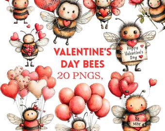 Valentine's Day Bee Clipart: Whimsical Love Bees Graphics (Digital Download) 20 PNG