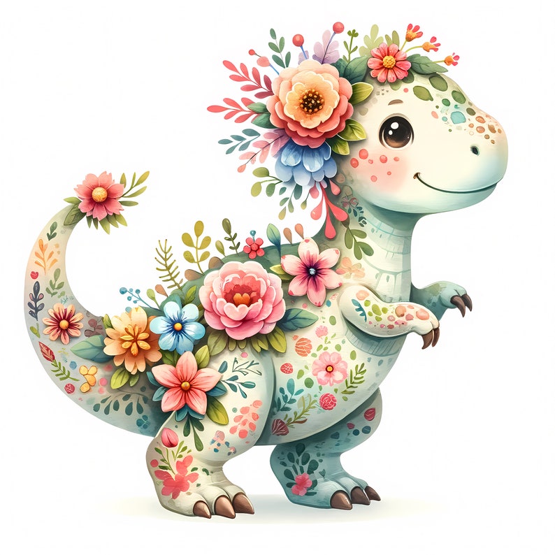 Floral Dinosaur Clipart: Watercolor Nursery Art (digital Download ...